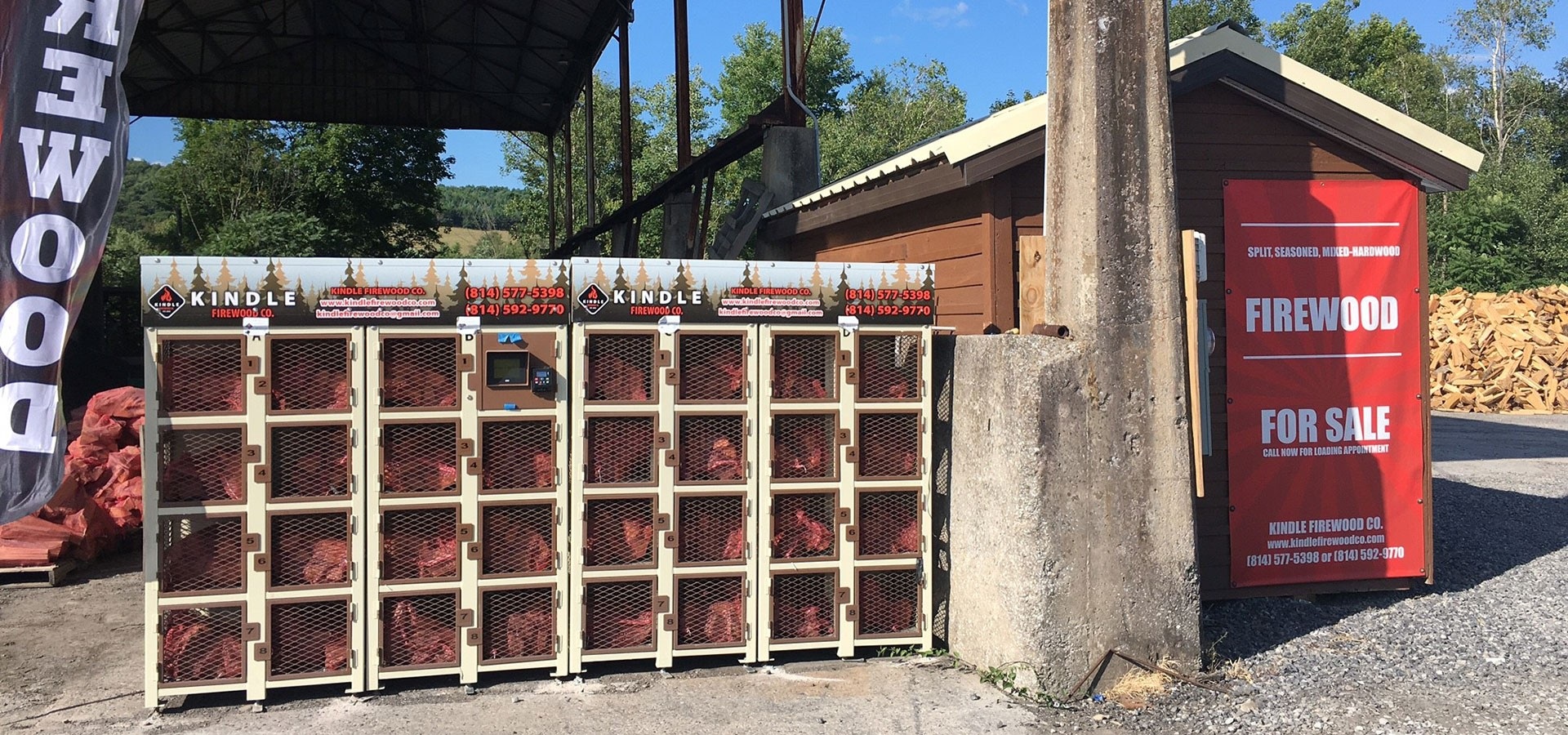 Kindle Firewood vending machine and self-service racks in Clearfield